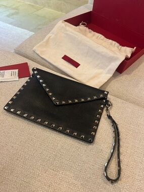 Valentino Garavani Black Leather Rockstud Envelope Wristlet with Strap